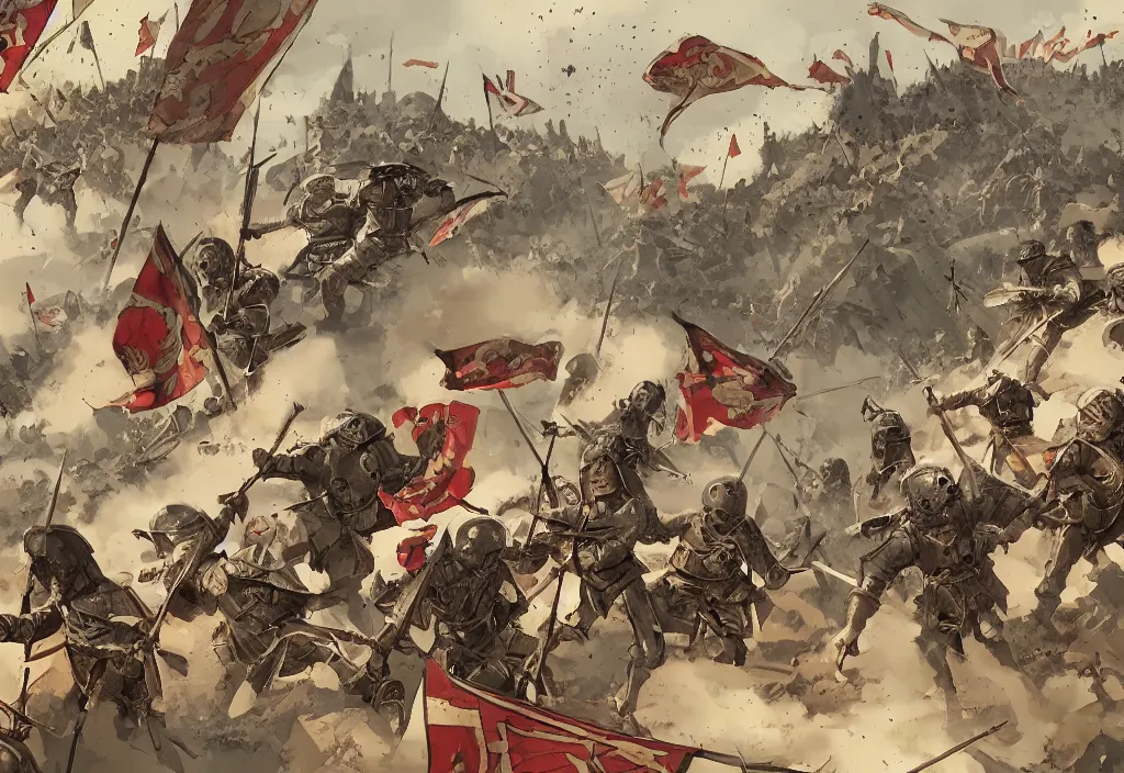 Prompt: handmade illustration of a medieval battle between a small group of soldiers, a few banners and flags, flying arrows, a small castle at the background, smoke, line art, ink, watercolor by Kilian Eng and by Jake Parker, winning-award masterpiece, fantastic, octane render, 8K HD Resolution, High quality image