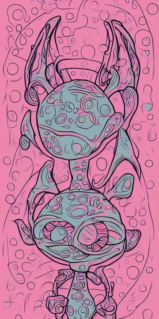 Prompt: cute alien designed by Polynesians, pink background, digital art