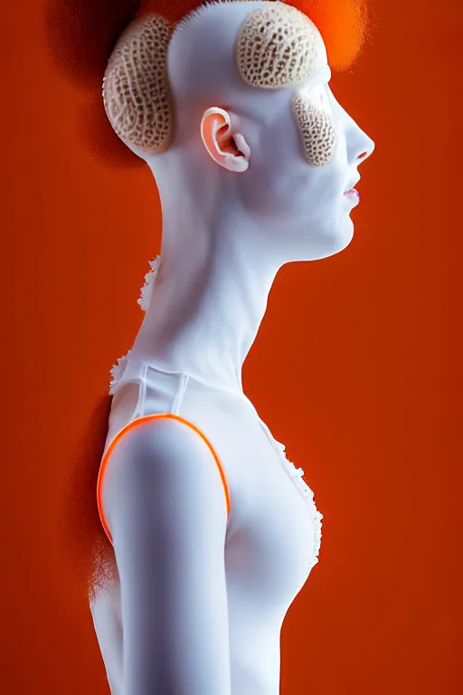 Image similar to symmetrical portrait of a woman wearing an orange embroidered translucent silicone mask and black frizzy hair buns, wearing a white bodysuit by alexander mcqueen, white background, soft diffused light, biotechnology, humanoide robot, futuristic aesthetic, translucent, ethereal, intricate details, highly detailed, masterpiece,