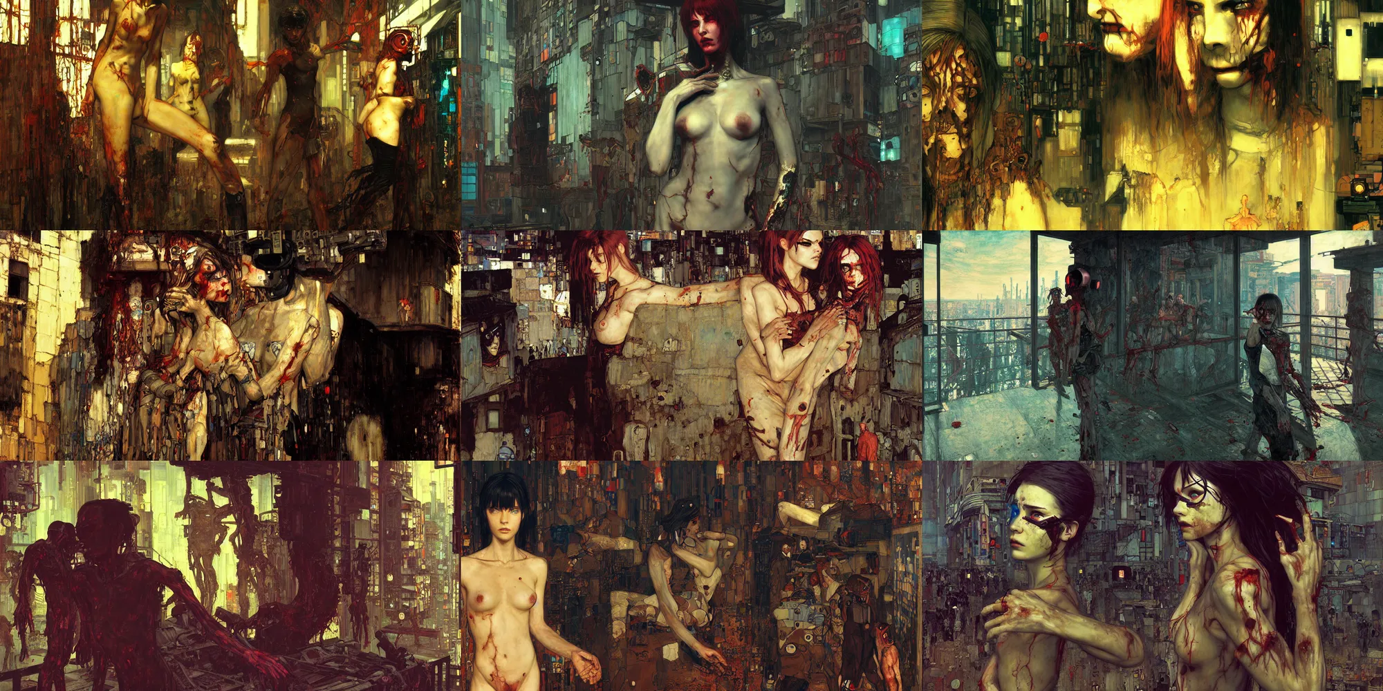 Prompt: A cyberpunk zombie apocalypse painted by John William Waterhouse and Ilya Kuvshinov and Edward Hopper and Gustav Klimt. HD