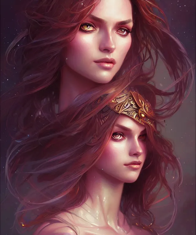 Image similar to fantasy magic woman portrait, sci-fi, amber eyes, face, long hair, fantasy, intricate, elegant, highly detailed, digital painting, artstation, concept art, smooth, sharp focus, illustration, art by artgerm and greg rutkowski and alphonse mucha