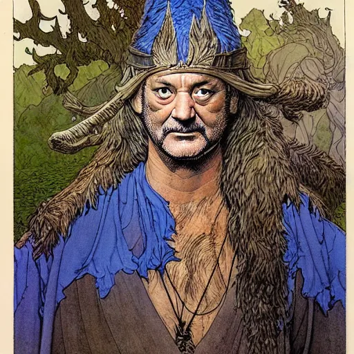 Image similar to a realistic and atmospheric portrait of bill murray as a druidic warrior wizard looking at the camera with an intelligent gaze by rebecca guay, michael kaluta, charles vess and jean moebius giraud