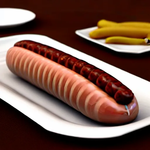Image similar to realistic 3 d unreal engine render of a half fish half sausage alone on a plate, fish fins on a sausage
