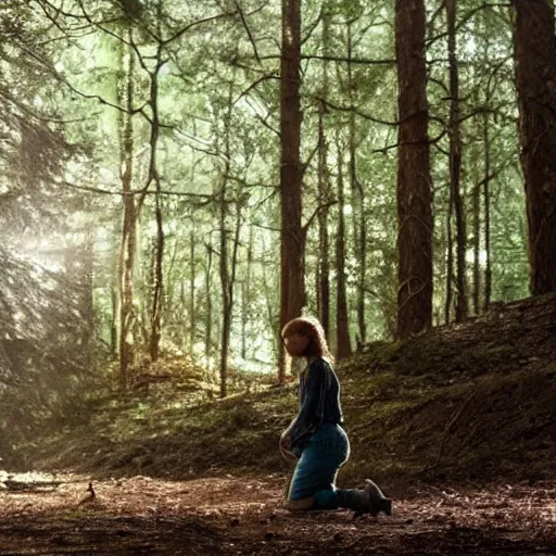 Prompt: Sadie Sink (Maxine Mayfield) from Stranger Things kneeling in a forest looking straight ahead, cinematic, soft realistic lighting, establishment scene, extremely high details, photorealistic, 8k