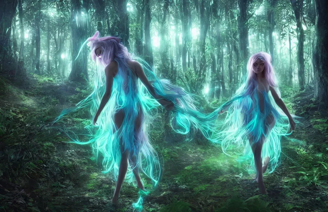 Prompt: beautiful fairie girl with flowing blue hair, walking through a bioluminescent magical forest, magical, dreamy, cinematic lighting, beautiful lighting, hyperdetailed, passionate, 4 k render, octane 3 d render, artstation