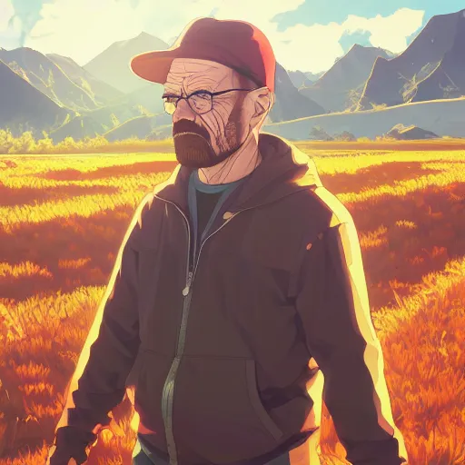 Image similar to portrait of Walter White, farm field background, rich vivid colors, ambient lighting, dynamic lighting, 4k, HQ, official media, anime key visual, makoto shinkai, ilya kuvshinov, lois van baarle, rossdraws, detailed, trending on artstation