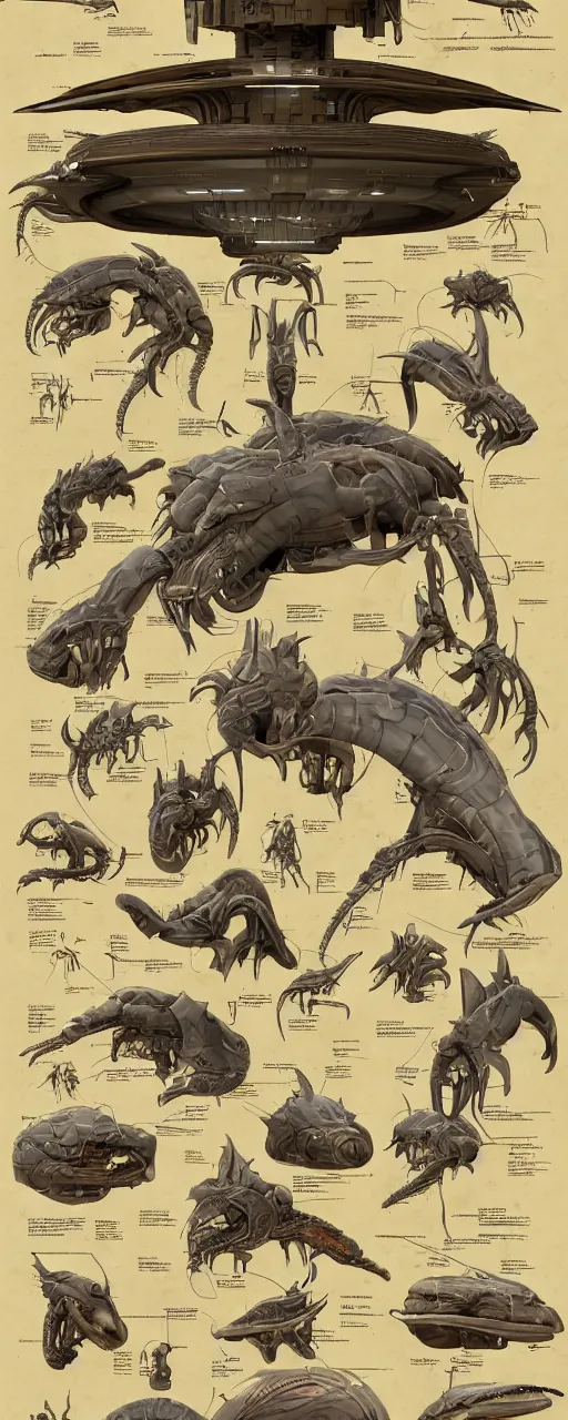 Image similar to schematic diagram of alien boss, biology, book, page, detailed, cross section, trending on artstation, cgsociety, Ralph McQuarrie and Greg Rutkowski