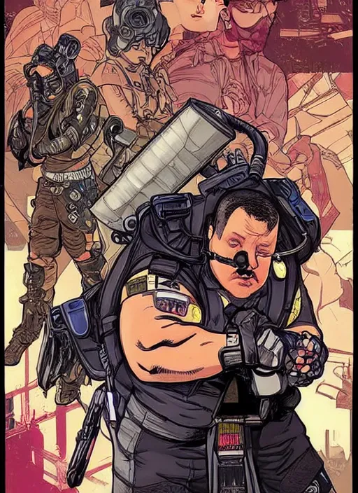 Image similar to cyberpunk paul blart fighting kickboxer. portrait by ashley wood and alphonse mucha and laurie greasley and josan gonzalez and james gurney. spliner cell, apex legends, rb 6 s, hl 2, d & d, cyberpunk 2 0 7 7. realistic face. vivid color. dystopian setting.