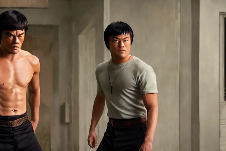 Prompt: Leonardo DiCaprio as Bruce Lee in 'Once Upon a Time... In Hollywood 2: The First Part' (2022), movie still frame, promotional image, imax 70 mm footage, oscar nominated cinematography, volumetric lighting, 8k resolution