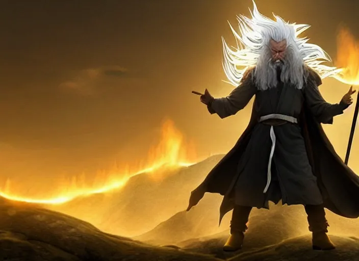 Image similar to gandalf going super saiyan around flames, beautiful landscape, dramatic lighting, cinematic, establishing shot, night time, heavy rain, extremly high detail, photorealistic, cinematic lighting, epic fight scene, post processed, concept art, artstation, matte painting, style by greg rutkowsky