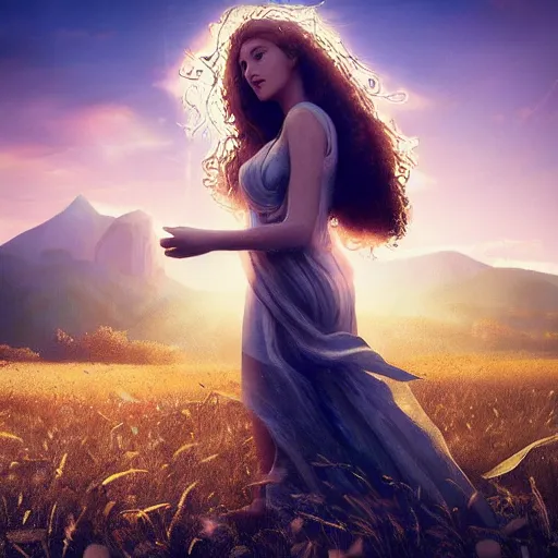 Image similar to a radiant greek mythology goddess walking in a beautiful field, mountains in the distance, medium shot, jewelry, crown, confident, gorgeous, stunning, dramatic lighting, detailed, very realistic, trending on Artstation, Cgsociety