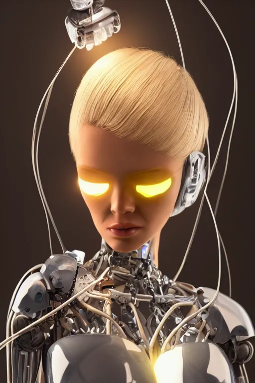 Image similar to a beautiful woman with blonde hair wearing robot suit with wires and light, highly detailed, photorealistic, artstation, smooth