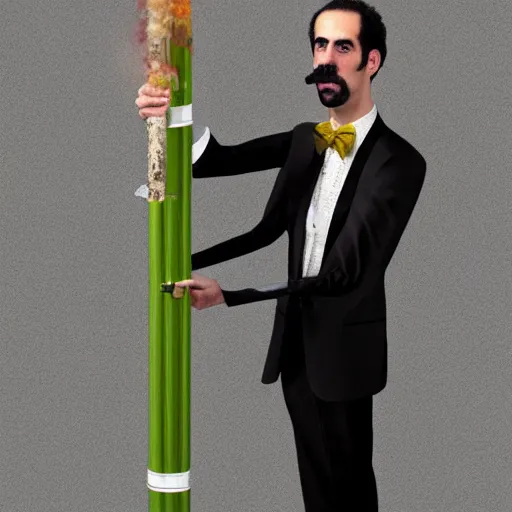 Image similar to Sacha Baron Cohen as borat smoking a giant rolled cannabis cigarette, caricature, smoke, amazing detail, digital art, artstation