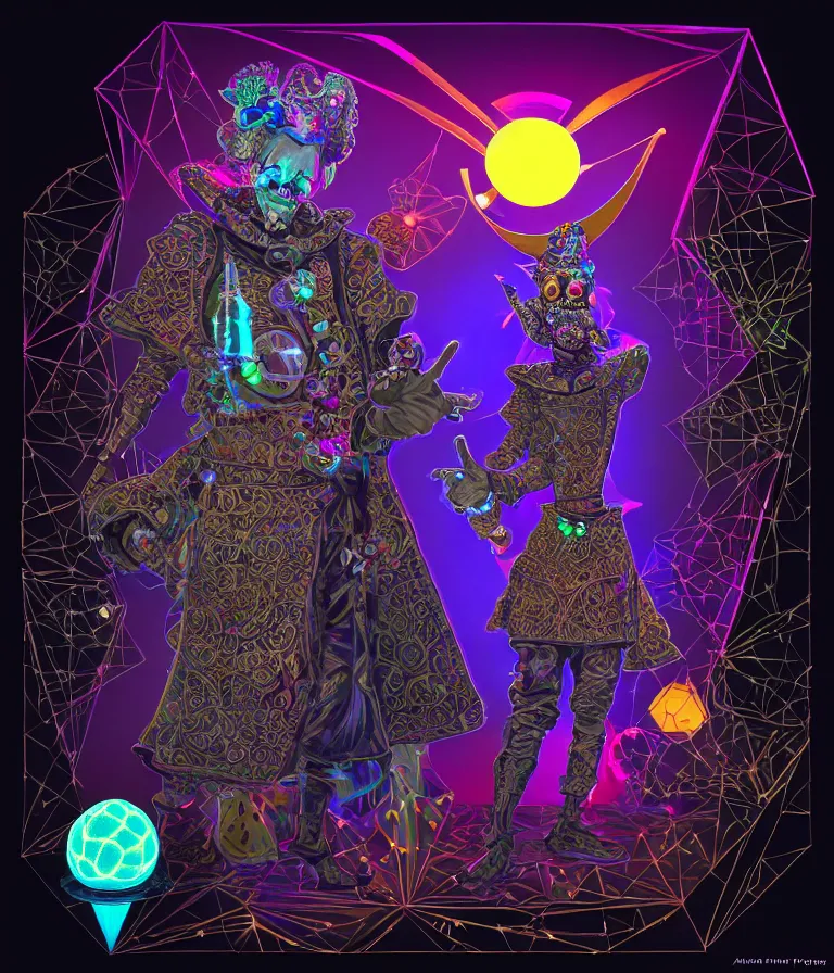 Image similar to front!!! shot of a court jester!!! character, hyperdimensional, (bioluminescent) hypercubes, dark holography!!!, ((sunset)) ((psychedelic)), chrome, mechanical, (((intricate))), elegant, highly detailed, centered, (((artstation, concept art, smooth, sharp focus, artgerm, Tomasz Alen Kopera, Peter Mohrbacher, donato giancola, Joseph Christian Leyendecker, WLOP, Boris Vallejo))), mugshot!!!!!, ugly!!!!!!, octane render, nvidia raytracing demo, octane render, nvidia raytracing demo, octane render, nvidia raytracing demo, grainy, muted, 8K, digitalblasphemy, metatron