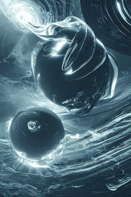 Image similar to swirling abstract cyborg parts and ornate flowing smoke streams and smooth particle effects surround a small metallic sphere, unreal engine