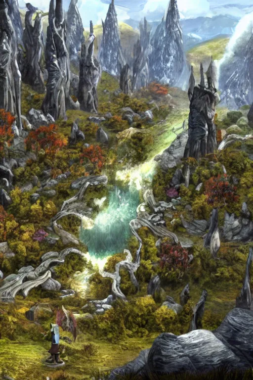 Image similar to Artwork in style of The Elder Scrolls Oblivion of the cinematic view of the Celestial Forest of Buried Enchantments.