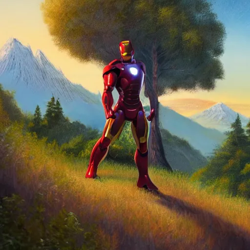 Image similar to a closeup photorealistic photograph of bob ross diligently finishing a canvas painting featuring iron man on the canvas. mountains and trees. film still. brightly lit scene. this 4 k hd image is trending on artstation, featured on behance, well - rendered, extra crisp, features intricate detail, epic composition and the style of unreal engine.