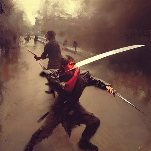 Prompt: a sword fight between a man and his much younger kid brother. Ruan Jia, Phil Hale