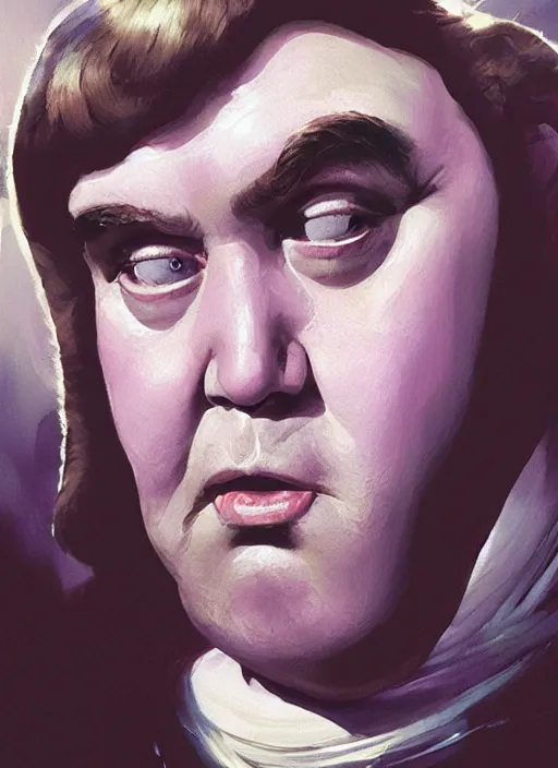 Image similar to hyper realistic, zoomed out portrait of john candy in star wars as leia, stoned, by greg rutkowski, scott m fischer, artgerm, loish, slight glow, atmospheric, anne stokes, alexandros pyromallis