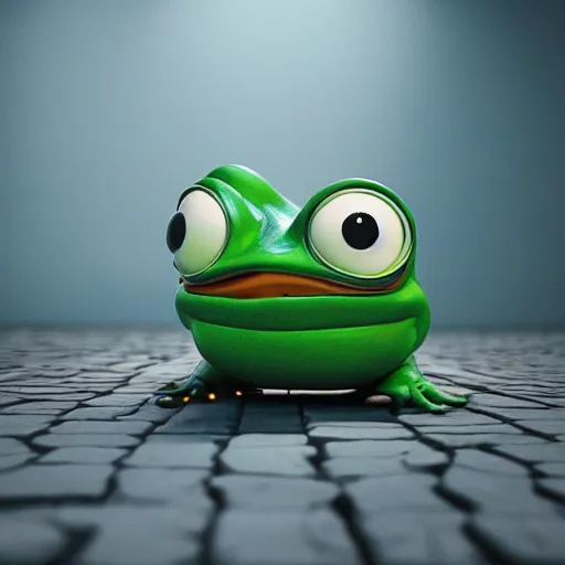 Image similar to pepe the frog, photorealistic render with cinematic lighting by beeple, cinema octane, unreal engine, 8 k