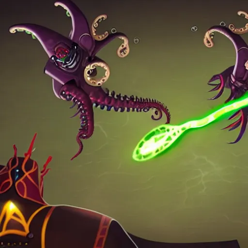Image similar to an epic cinematic battle between a wizard and an evil tentacle ai robot