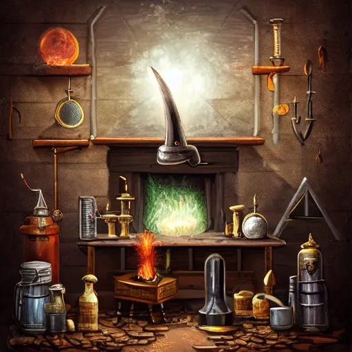 Prompt: abandoned alchemy lab, wizard hat on a stool, sword on the wall above a fireplace with embers in it, a picture of an ominous wizard on the wall