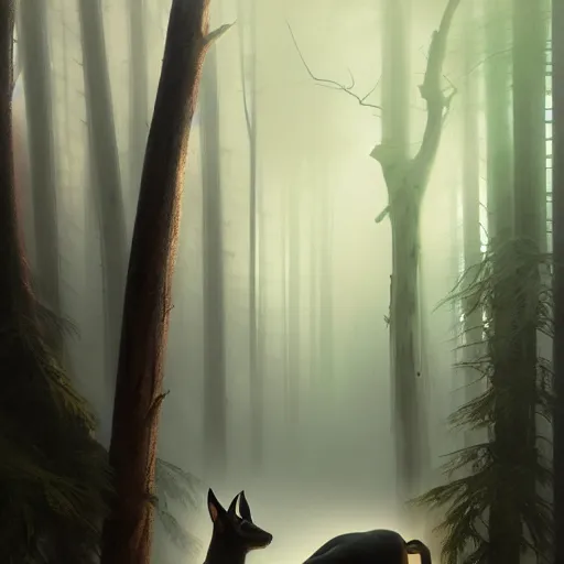 Image similar to long shot photo of anubis in the foggy forest, foggy bottom, highly detailed, digital painting, artstation, smooth, sharp focus, illustration, art by artgerm and greg rutkowski and alphonse mucha