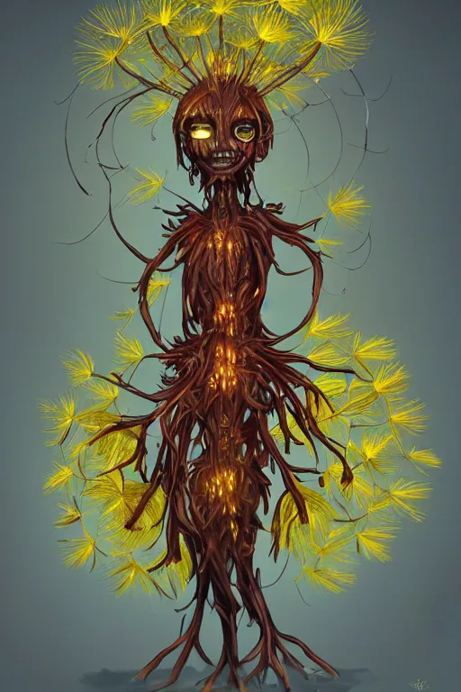 Image similar to a humanoid figure dandelion plant monster, amber eyes, highly detailed, digital art, sharp focus, ambient glow, trending on art station, anime art style