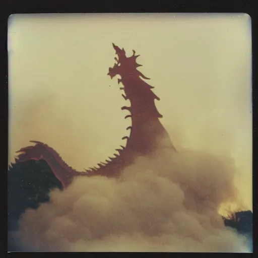 Image similar to polaroid photo of a fire breathing dragon destroying tokyo.