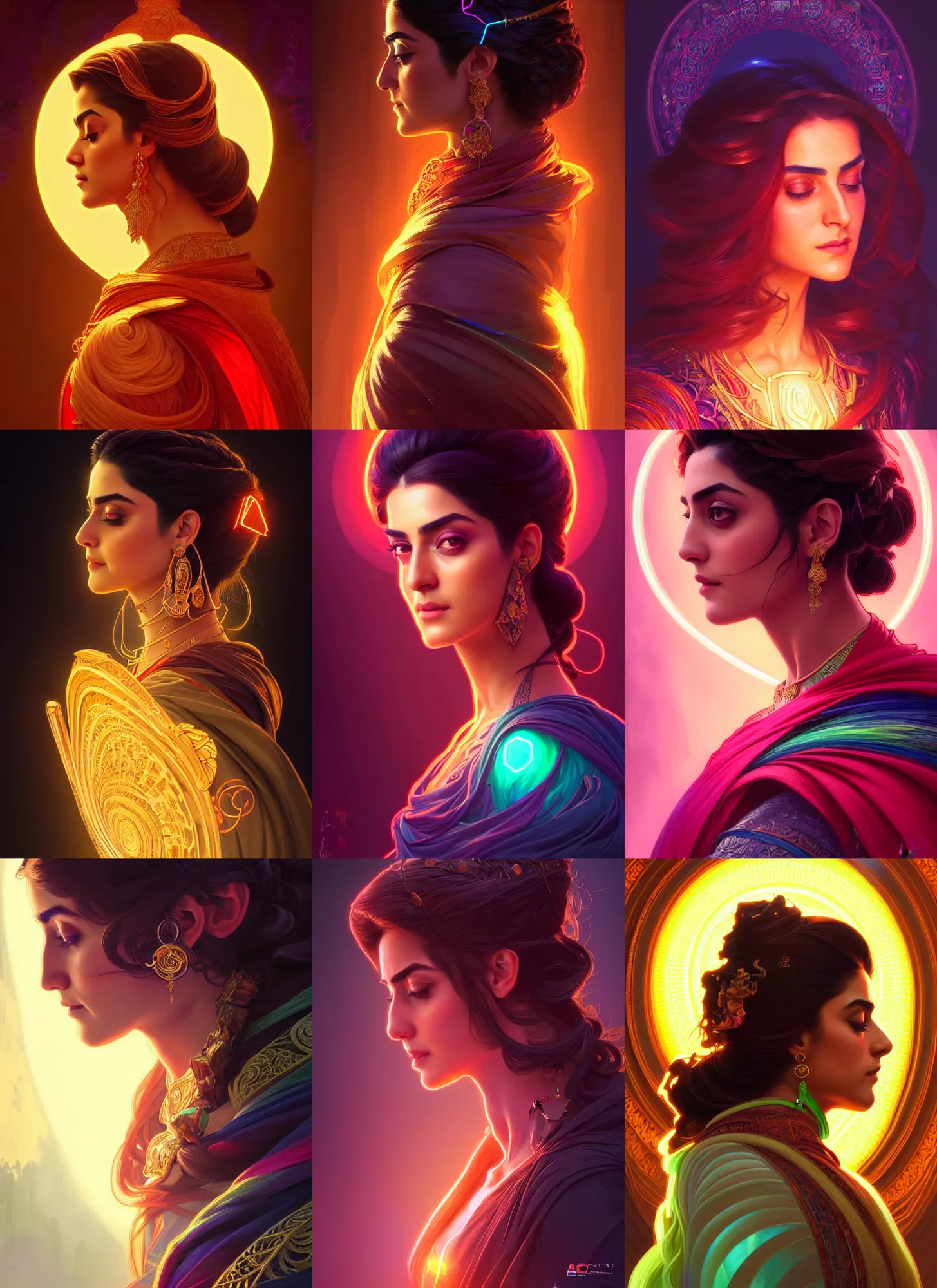 Prompt: Maya Ali as a sorcerer, side profile portrait, neon, fibonacci, insane, intricate, highly detailed, digital painting, artstation, concept art, smooth, sharp focus, illustration, Unreal Engine 5, 8K, art by artgerm and greg rutkowski and alphonse mucha