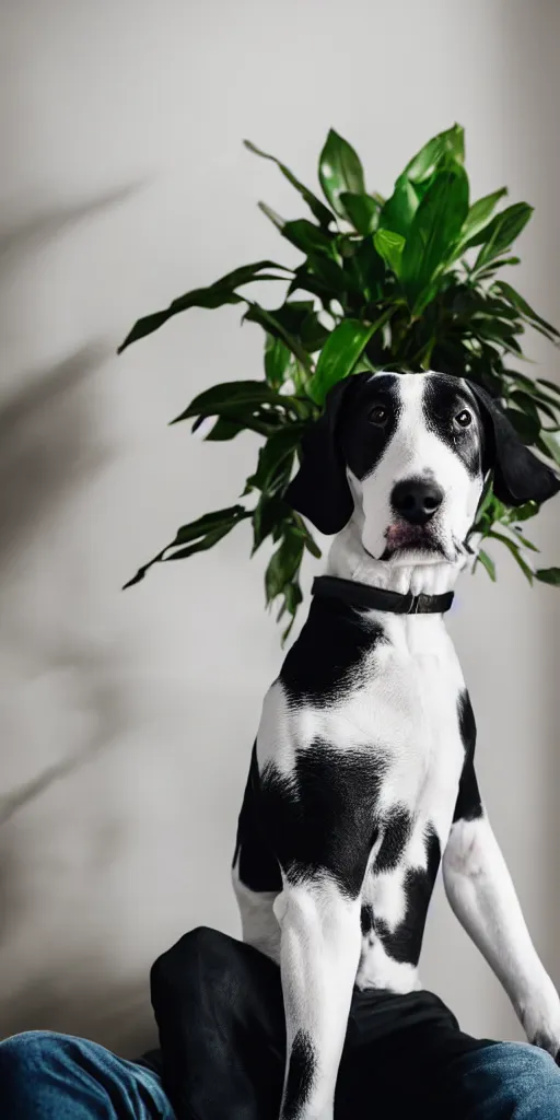 Image similar to a dog that looks like mickey mouse, white face, black body, black nose, black ears, sitting down on a sofa, house plants in the background, indoors, dim light, photograph, 4 k, shot on iphone