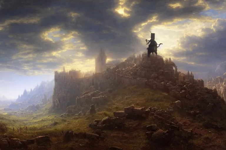 Prompt: an ultra detailed matte landscape painting of king richard the lionhearted as a shonen anime protagonist attacking jerusalem, 8 k, volumetric lighting, art by albert bierstadt and greg rutkowsi