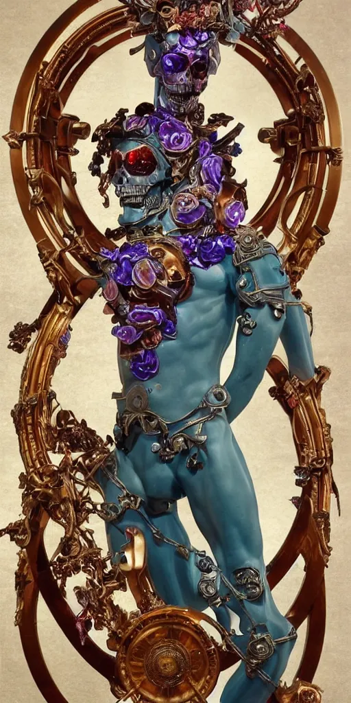 Image similar to a young handsome Spanish metal android with a large glowing red lit crystal in the center of his chest, full-body bronze cyberpunk style statue of Icarus with glowing purple eyes, crown of mechanical peach roses, flowing teal-colored silk, fabric, steampunk flowers. baroque elements, human skull. full-length view. baroque element. intricate artwork by caravaggio. many flying horses on background. Trending on artstation, octane render, cinematic lighting from the right, hyper realism, octane render, 8k, depth of field, 3D