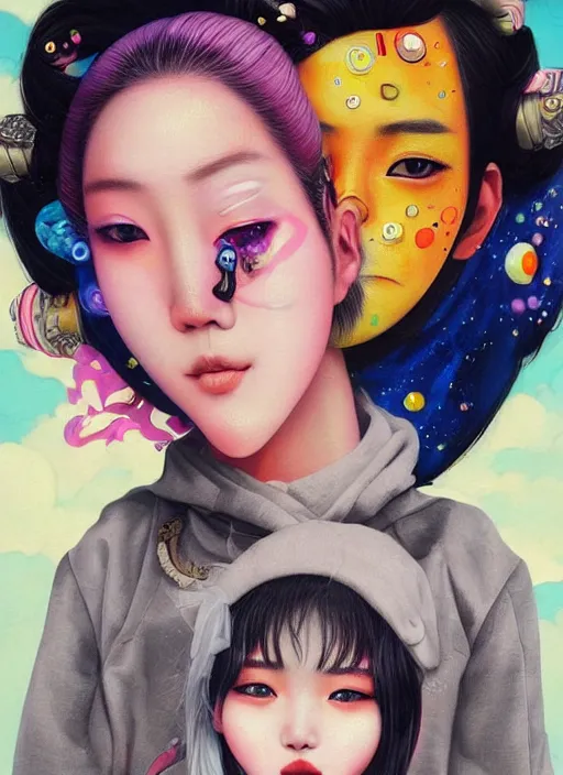 Prompt: beautiful portrait painting of a beautiful attractive korean lofi cyberpunk princess and her corgi assassin king being happy, by Afarin Sajedi, Alessandro Barbucci, Alex Gross, Shin Jeongho, Shohei Otomo. trending on Artstation, 8k, masterpiece, face enhance, graffiti paint, fine detail, full of color, intricate detail, golden ratio illustration