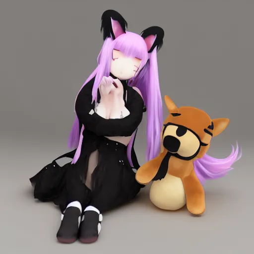 Prompt: cute fumo plush doge girl, floppy ears, gothic maiden, furry anime, vray, tired, napping