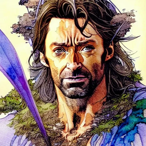 Image similar to a realistic and atmospheric watercolour fantasy character concept art portrait of hugh jackman as a druidic warrior wizard looking at the camera with an intelligent gaze by rebecca guay, michael kaluta, charles vess and jean moebius giraud