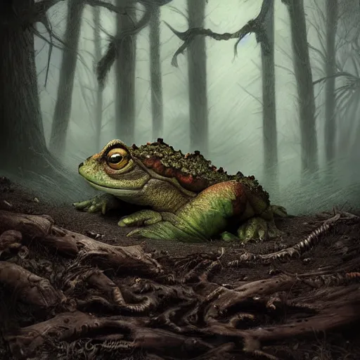 Image similar to giant evil toads in the forest, toads, foggy, atmospheric, highly detailed, hyperrealistic, gothic horror, by randy vargas