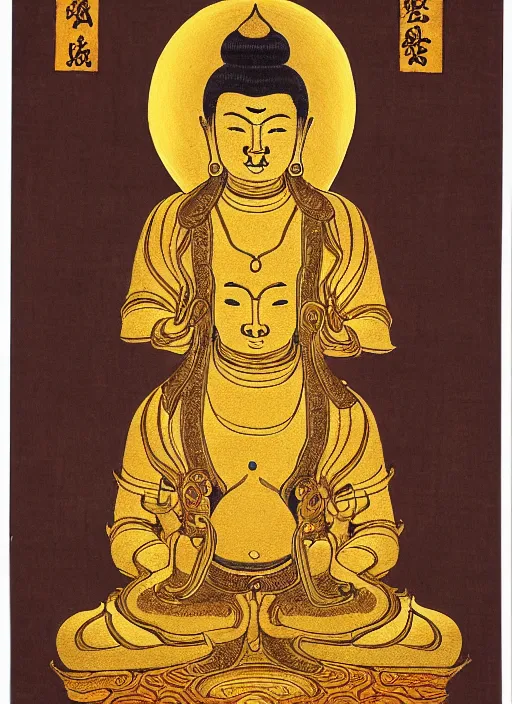 Image similar to detailed illustration of an anthropomorphic asian black bear Buddhist bodhisattva, seated in royal ease, 0.1 black micron pen, gilded gold halo behind head, highly detailed, fine pen work, religious iconography,