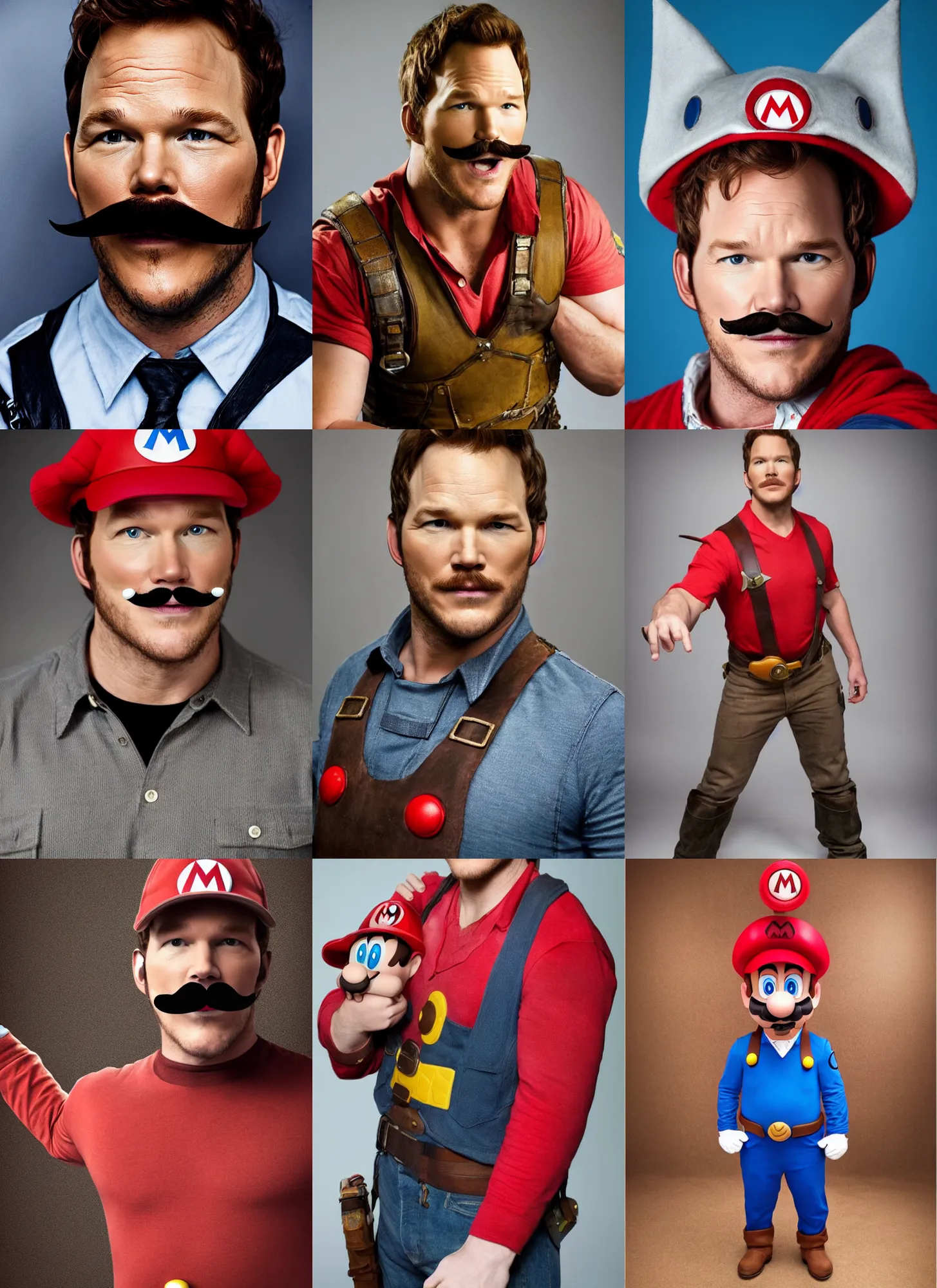 Image similar to chris pratt with a mustache dressed as mario, cosplay, detailed face, promo shoot, studio lighting