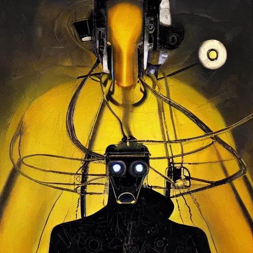 Image similar to a fullmetal wired neon robot kerberos in yellow noir without memory nor feelings, althoughbhe believes he is a god, oil on canvas by dave mckean and esao andrews