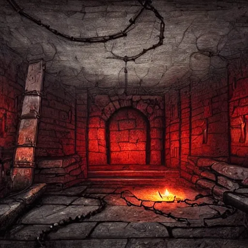 Image similar to art of a dark and desolate stone dungeon with red tattered tapestry, chains dangling from the ceiling, lit by medieval wall torches, grim and gritty, style of dark souls, high contrast, moody