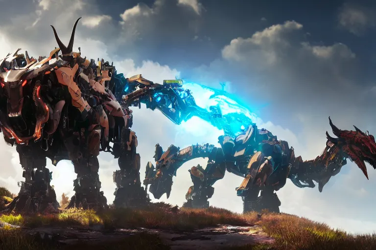 Image similar to grimhorn fanghorn machine mecha animal beast robot of horizon forbidden west horizon zero dawn bioluminiscence global illumination ray tracing hdr fanart arstation by sung choi and eric pfeiffer and gabriel garza and casper konefal