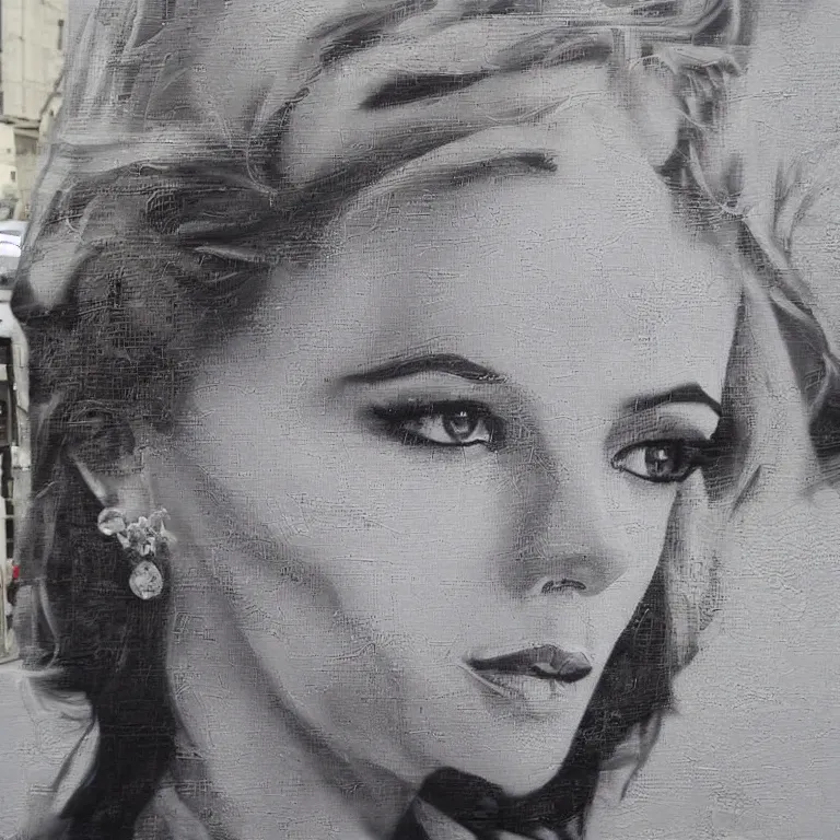 Prompt: Detailed street-art portrait of Scarlett Ingrid Johansson in style of Eduardo Korba, detailed face, high quality