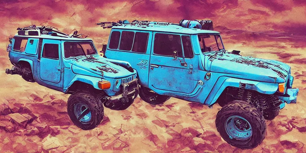 Image similar to digital illustration of a futuristic faded cyan mad max's fj 4 0 decrepit!!!! pursuit special, rusty!!! cyberpunk nissan fj cruiser heavily modded 1 9 9 0 s, the last v 8 interceptor by makoto shinkai, ilya kuvshinov, lois van baarle, rossdraws, basquiat