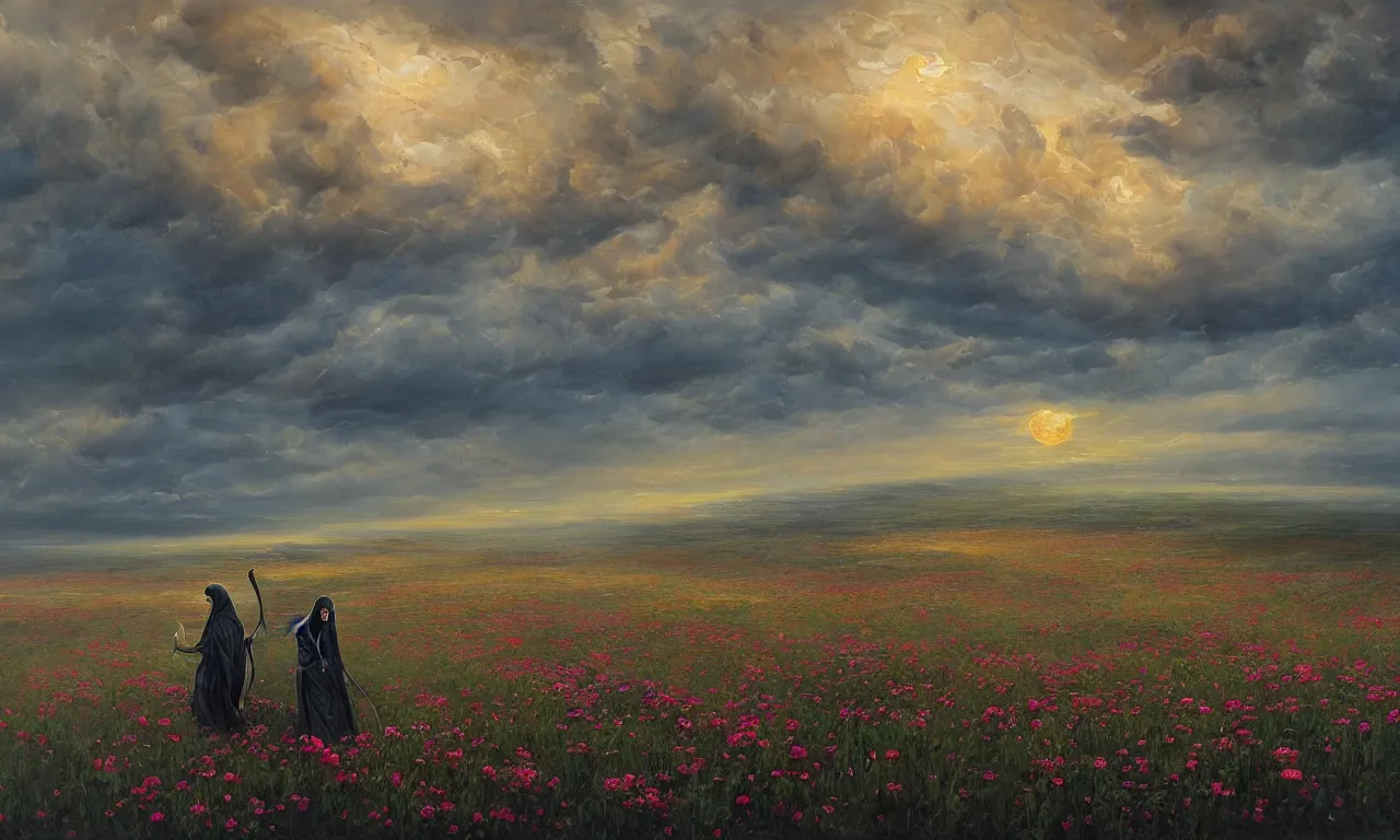 Image similar to breathtaking oil painting with palette knife of a plains landscape in luxurious nature, with intricate art nouveau moody dark tumultuous clouds, at dawn with roses and golden petals flying, grim reaper silhouette with scythe, concept art, matte, by krista schumacher and georgia hart,