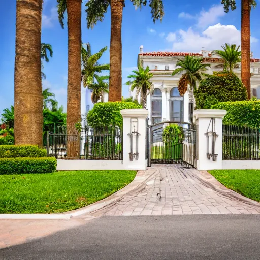 Prompt: wealthy neighborhood with lots of neoclassical mansions and palm trees, gated community, photography