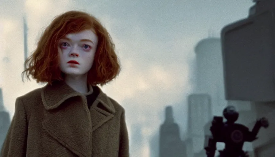 Image similar to sadie sink with trimmed hair in oversized man's coat : a still from a scifi soviet cyberpunk film from 1 9 8 0 s. by steven spielberg, robert zemeckis, francis ford coppola, james cameron. 6 5 mm low grain film stock. sharp focus, realistic facial expression, perfect anatomy, global illumination, radiant light, detailed and intricate environment, trending on artstation