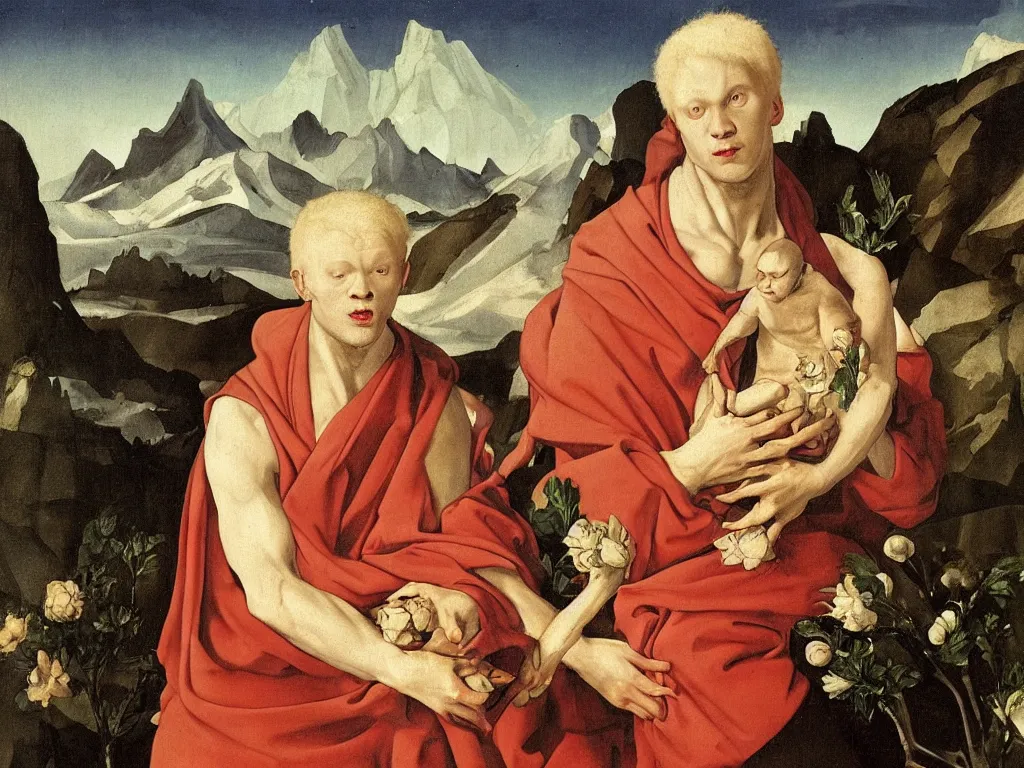 Prompt: Portrait of strange albino, blue-eyed man, blonde, in a monk robe holding wilted flowers in his arms. Thunderstorm, icy mountains in the background. Painting by Lorenzo Lotto, Otto Dix