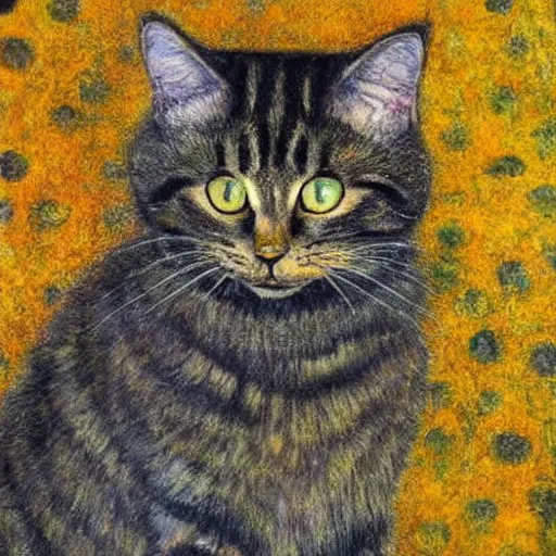 Image similar to portrait of a very fluffy dark tabby cat with green eyes, looking at the moon, full body, smiling cat, golden colors, flowers, canned cat food, intricate, elegant, highly detailed, smooth, sharp focus, illustration, art by gustav klimt