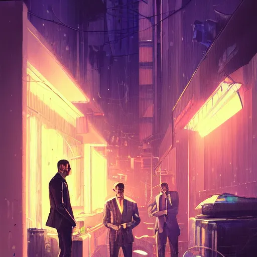 Image similar to two cyberpunk businessmen, detailed digital illustration by greg rutkowski, cyberpunk back alley, nighttime, colorful lighting